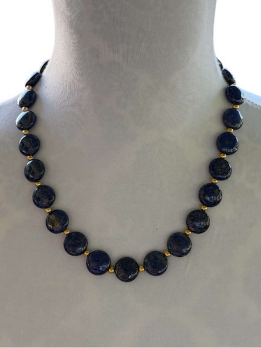 Genuine Lapis Lazuli Beaded Necklace Gold Tone Toggle Clasp Statement Jewelry